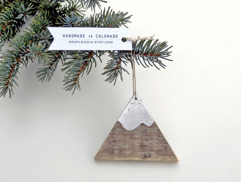 mountain ornament handmade recycled pallet wood silver Colorado Christmas gift wrapped image 5