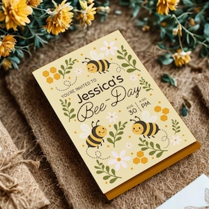 Bee Day Birthday Invitation | Bumble Bee Party Canva Template | Editable Kids Invite | Printable Girl or Boy Birthday Card | Yellow & Beige