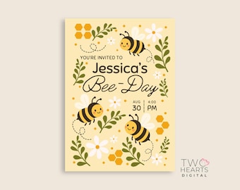 Bee Day Birthday Invitation, Editable Bumble Bee Invite (Canva Template)