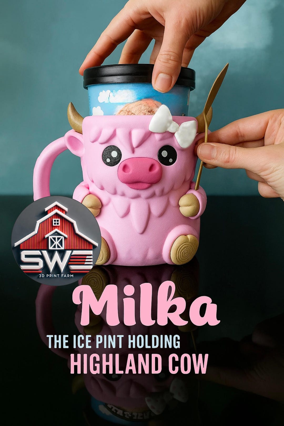 Milka Ice Cream Pint Holder the Highland Cow With Spoon Slots