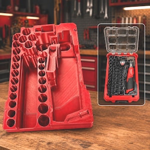 May include: A red tool organiser with various compartments and circular holders. A clear-lidded case with a set of black sockets and a red and black power ratchet is next to the organiser. The items are on a wooden surface.