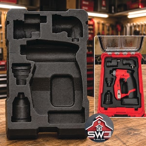 May include: Black foam insert with cutouts for tools, next to a red case containing a red and black power tool and accessories. The logo for SW 3D Print Farm is in the foreground.