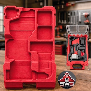 May include: A red 3D-printed tool organizer with various compartments. A red and black tool case with a drill and accessories is visible. A round logo with a barn graphic and the text "SW 3D PRINT FARM" is also present.