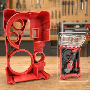 May include: A red plastic tool case and a matching red power tool. The case has a clear lid and is open, revealing the tool and a grinding disc. The case is on a wooden surface.