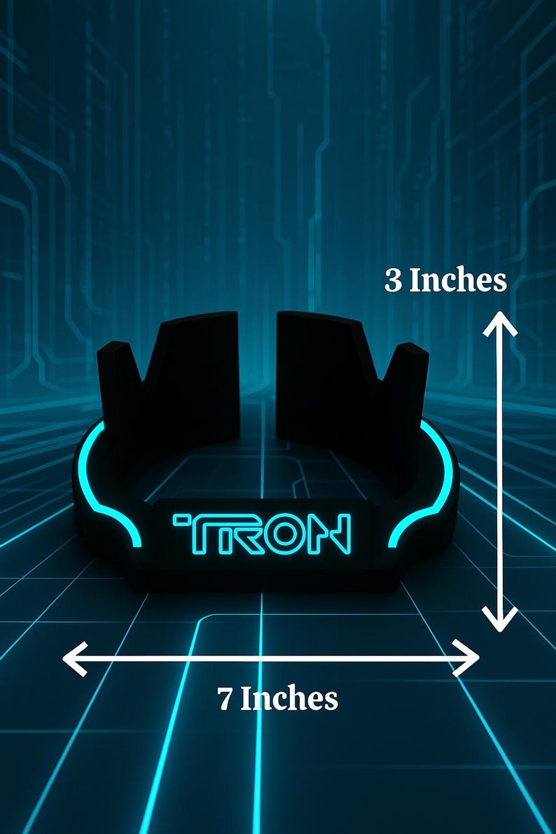 May include: Black, neon blue-edged bracelet with the word "TRON" in neon blue. The bracelet is 7 inches wide and 3 inches tall. The background is a blue grid pattern.