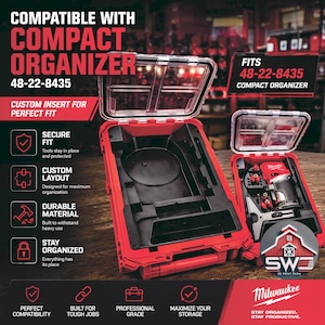 May include: Red and black compact organizer with a clear lid, designed for tools. The image shows the organizer open, revealing custom compartments. Text on the organizer reads "Compatible with Compact Organizer" and "Milwaukee".