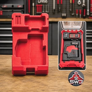 May include: A red 3D-printed tool case with a custom interior, designed to hold tools. The image shows the case open, revealing the tools inside. The case is made of durable plastic and is designed to protect the tools from damage.