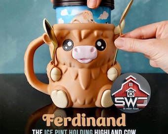 Ferdinand Highland Cow Ice Cream Pint Holder – 3D Printed with Spoon Slots & Snack Drawer