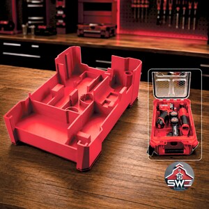 May include: Red plastic tool organiser with multiple compartments and a matching red toolbox with tools inside. The toolbox has a clear lid and is open, revealing the tools. The logo of a red barn with the text "SW 3D PRINT FARM" is in the bottom right corner.