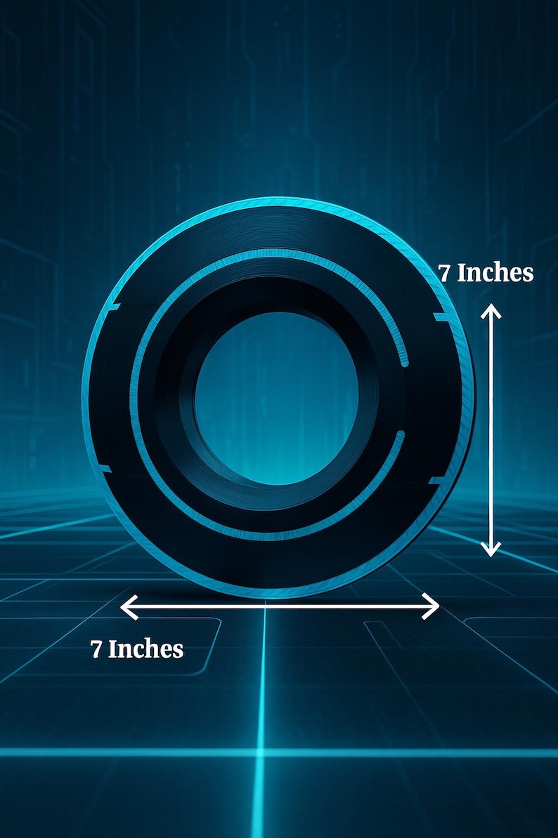 May include: A black circular object with a glowing blue outline, measuring 7 inches in diameter. The object has a central hole and a series of curved cutouts. The background is a dark blue with a grid pattern.