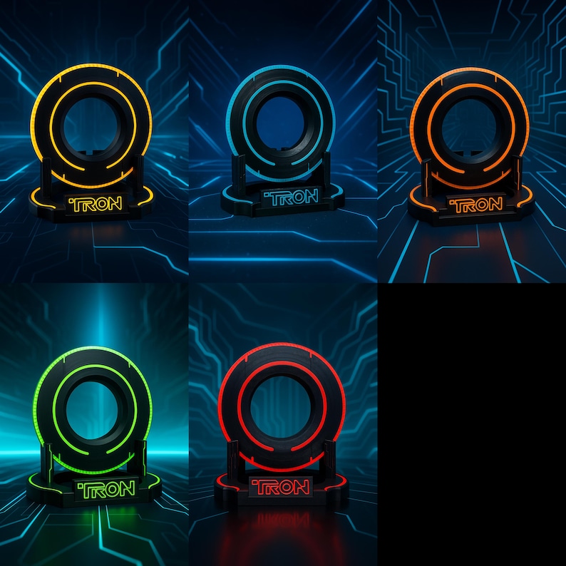 May include: A collection of five illuminated disc-shaped props, each with a different colored light: yellow, blue, orange, green, and red. Each disc is mounted on a black stand with the word "TRON" printed on it. The background features a blue circuit board design.