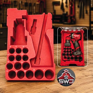 May include: Red tool organiser with multiple compartments and circular holes for sockets. A red case with a power drill and sockets is on the right. The logo for SW 3D Print Farm is in the lower right corner.