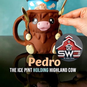 Pedro Ice Cream Pint Holder the Highland Cow with Spoon Slots | Eco-Friendly 3D Print + Free Gift
