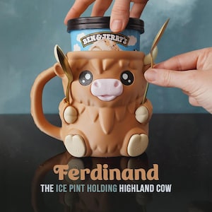 Ferdinand Highland Cow Ice Cream Pint Holder – 3D Printed with Spoon Slots & Snack Drawer | Cute Gift