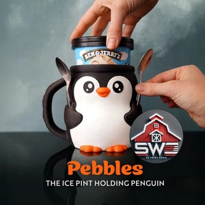 Pebbles the Penguin Ice Cream Pint Holder with Spoon Slots | Eco-Friendly 3D Print + Free Gift