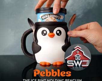 Pebbles the Penguin Ice Cream Pint Holder with Spoon Slots | Eco-Friendly 3D Print + Free Gift