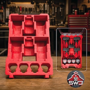 May include: A bright red tool organizer with multiple compartments and a clear plastic lid. The organizer is designed to hold various tools and accessories, with a focus on organization and accessibility. The image also shows a smaller, similar organizer with tools inside.