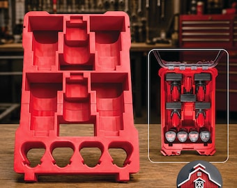 May include: A bright red tool organizer with multiple compartments and a clear plastic lid. The organizer is designed to hold various tools and accessories, with a focus on organization and accessibility. The image also shows a smaller, similar organizer with tools inside.