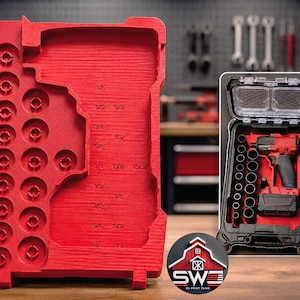 May include: A red 3D-printed tool organizer with labeled socket sizes, alongside a black and red impact wrench kit. The organizer has slots for various sockets, with sizes like 1/8, 5/32, and 3/8 inch. A logo for "SW 3D Print Farm" is visible.