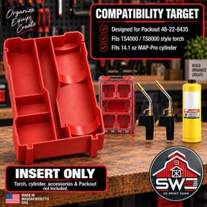 May include: A red plastic storage insert for a Packout 48-22-8435 case. The insert features molded compartments for two torches and a 14.1 oz MAP-Pro cylinder. Text on the image includes COMPATIBILITY TARGET, INSERT ONLY, and Organize Equip Create.