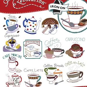 May include: An iron-on embroidery pattern sheet titled Stitcher's Revolution #47 Java Break. The red background features various embroidered coffee-themed designs including cups, teapots, coffee beans, and text labels like Java, Espresso, and Cafe Mocha.