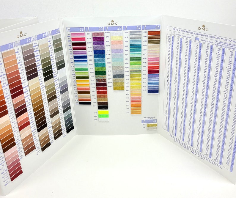 May include: DMC embroidery floss color chart with numbered swatches of thread in various colors. The chart is divided into sections, each with a number from 17 to 26. The chart also includes a table with DMC color numbers and corresponding color names.