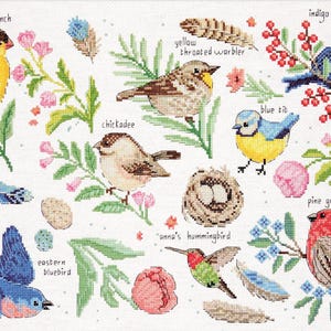 May include: Cross-stitch pattern featuring various birds, including a goldfinch, indigo bunting, and eastern bluebird, with floral and feather accents. The design includes the text "goldfinch", "indigo bunting", "yellow throated warbler", "chickadee", "blue tit", "pine grosbeak", "anna's hummingbird", and "eastern bluebird".