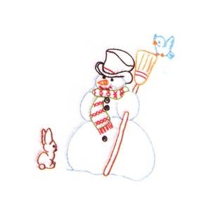 May include: An embroidered design featuring a snowman wearing a black top hat, a red and green patterned scarf, and three black buttons. The snowman holds a brown broom and a small blue bird sits on top. A small brown rabbit stands nearby.