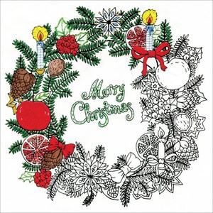 May include: A hand-drawn Christmas wreath with green pine needles, red berries, apples, and bows. The wreath includes a candle, pine cones, and the words "Merry Christmas" in green script.