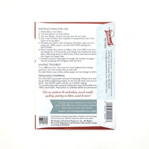 May include: Instructions for using iron-on transfer patterns for fabric crafts. The instructions include washing, ironing, and removing the transfer. The back of the card includes the company's website and contact information.