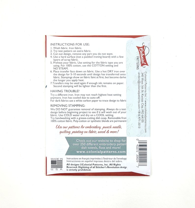 May include: Instructions for using iron-on transfer patterns for fabric crafts. The instructions include washing, ironing, and removing the transfer. The back of the card includes the company's website and contact information.