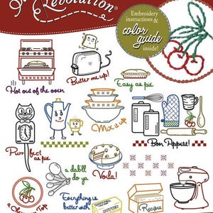 May include: Iron-on embroidery patterns for kitchen-themed designs. The patterns include a variety of kitchen items, such as a stove, toaster, mixing bowls, measuring spoons, a rolling pin, a cherry pie, a cake, a butter dish, and a stand mixer. The text "SRII Kitch'n Stitch'n" is at the top of the image. The text "Also for fabric painting, quilting, woodworking & more!" is at the bottom of the image.