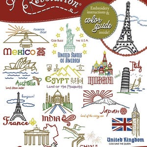May include: Iron-on embroidery patterns for countries around the world. The patterns include iconic landmarks and symbols from Mexico, the United States, Australia, Egypt, Russia, France, India, Japan, Germany, China, and the United Kingdom. The patterns are also suitable for fabric painting, quilting, and woodworking.