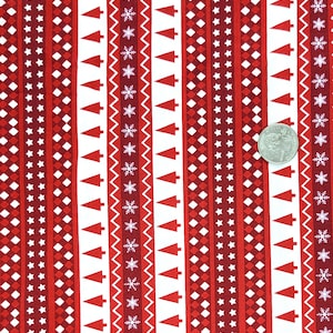 Red Christmas Tree Cotton Fabric Stripe Patterned Christmas Fabric - Cotton Fabric - Red and White