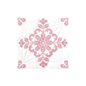 May include: A white fabric square with a pink embroidered floral design in the center. The design features a large flower with four petals and smaller flowers around it.