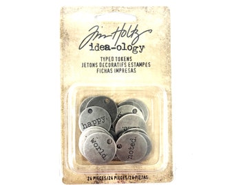 Metal Word Tokens - 24 Typed Tokens - Love - Happy - Hope - Peace - Idealogy -Tim Holtz - Word Coins