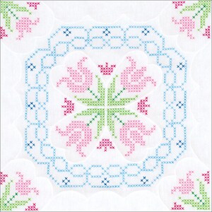 May include: A white cross-stitch embroidery design featuring pink flowers with green leaves and a blue border. The design is centered on a white background.