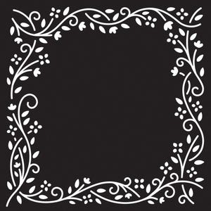 May include: A white floral border design on a black background. The design features a repeating pattern of leaves, flowers, and swirls.