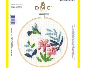 Exotic Flowers Cross Stitch Kit - DMC - 14 Count - Beginners - Hummingbird