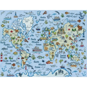 May include: A cross-stitch world map on a light blue background, featuring continents and oceans with various embroidered elements. Includes ships, animals, landmarks, and the names of oceans. The map is a detailed, decorative piece.