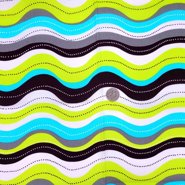 Waves Fabric - Cotton Fabric - Dark Brown - White - Green - Aqua - Nursery - Toddler Boy - Boy Fabric