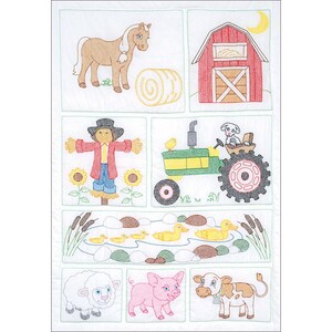 May include: A colorful embroidered design featuring a farm scene with a red barn, a green tractor, a scarecrow, a horse, a pig, a cow, a sheep, and ducks in a pond.