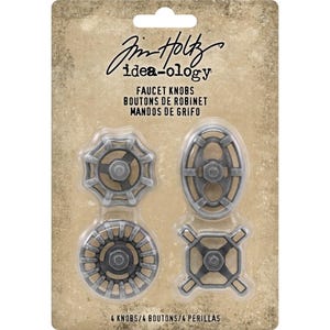 May include: Four silver metal faucet knobs with different designs. The knobs are packaged on a card with the text "Jim Holtz idea-ology Faucet Knobs Boutons de Robinet Mandos de Grifo 4 Knobs/4 Boutons/4 Perillas".