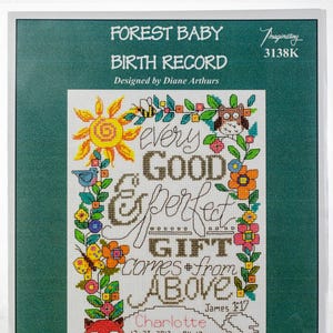May include: Cross-stitch birth record with a forest theme. The design includes a sun, owl, fox, and hedgehog, with the text "every GOOD Esperfect GIFT comes from ABOVE." The baby's name, date, and Bible verse are also included.