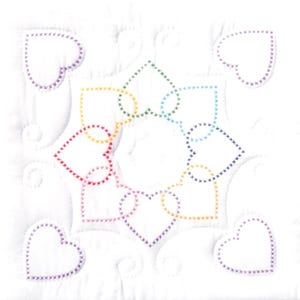 May include: White quilted fabric with a central design of interlocking hearts in a rainbow of colors. Additional hearts are scattered around the central design. The hearts are outlined with colorful stitching.