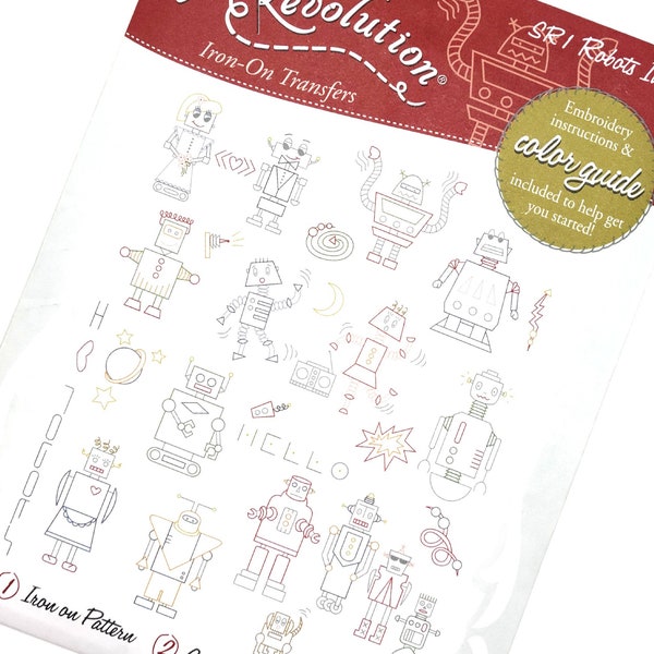 Aunt Martha's - Robots Iron-on Embroidery Patterns - Robot Embroidery - Stitcher's Revolution - #1 Robots Invade