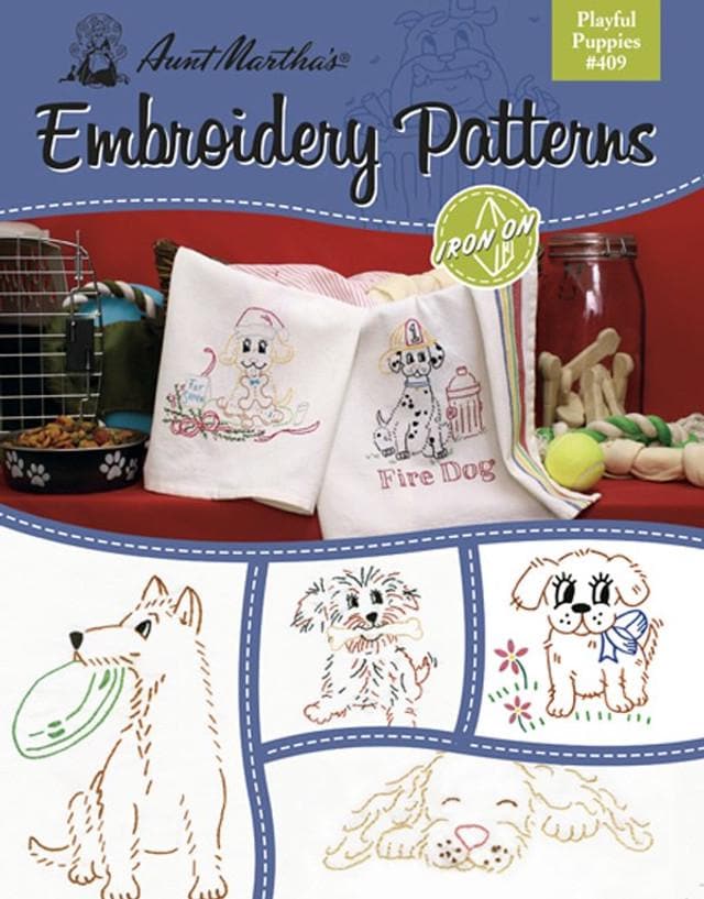 Aunt Martha's Book of Embroidery Patterns - #409 Playful Puppies - Iron On Patterns - Puppy - Dog
