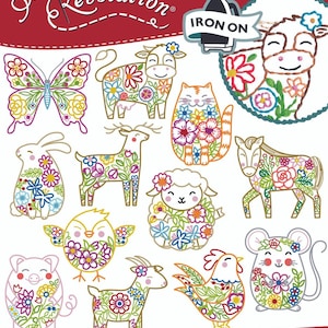 Aunt Martha&#39;s - Farm Friends Iron-on Embroidery Patterns - Stitcher&#39;s Revolution - #34 Floral Farm Friends