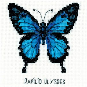 May include: Cross-stitch pattern of a butterfly with blue wings and black edges, labeled "Papilio Ulysses" in black text. The butterfly's wings are detailed with varying shades of blue, creating a textured effect against a white background.