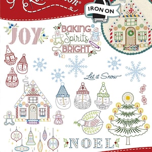 May include: Iron-on embroidery pattern set with a Christmas theme. The set includes designs for a gingerbread house, a Christmas tree, ornaments, snowflakes, a dove, and the words "Joy", "Baking Spirits Bright", "Let it Snow", and "Noel".